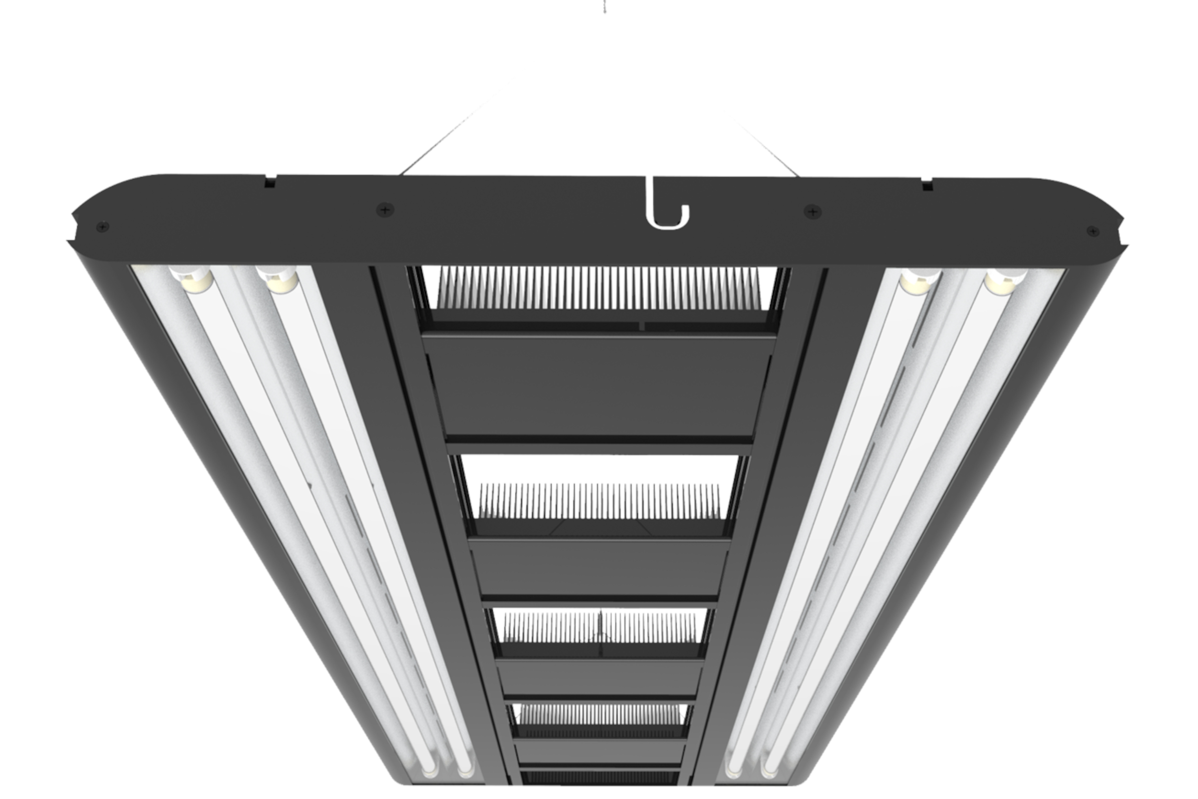 Unteransicht einer schwarzen LED-Hallenleuchte mit Röhren